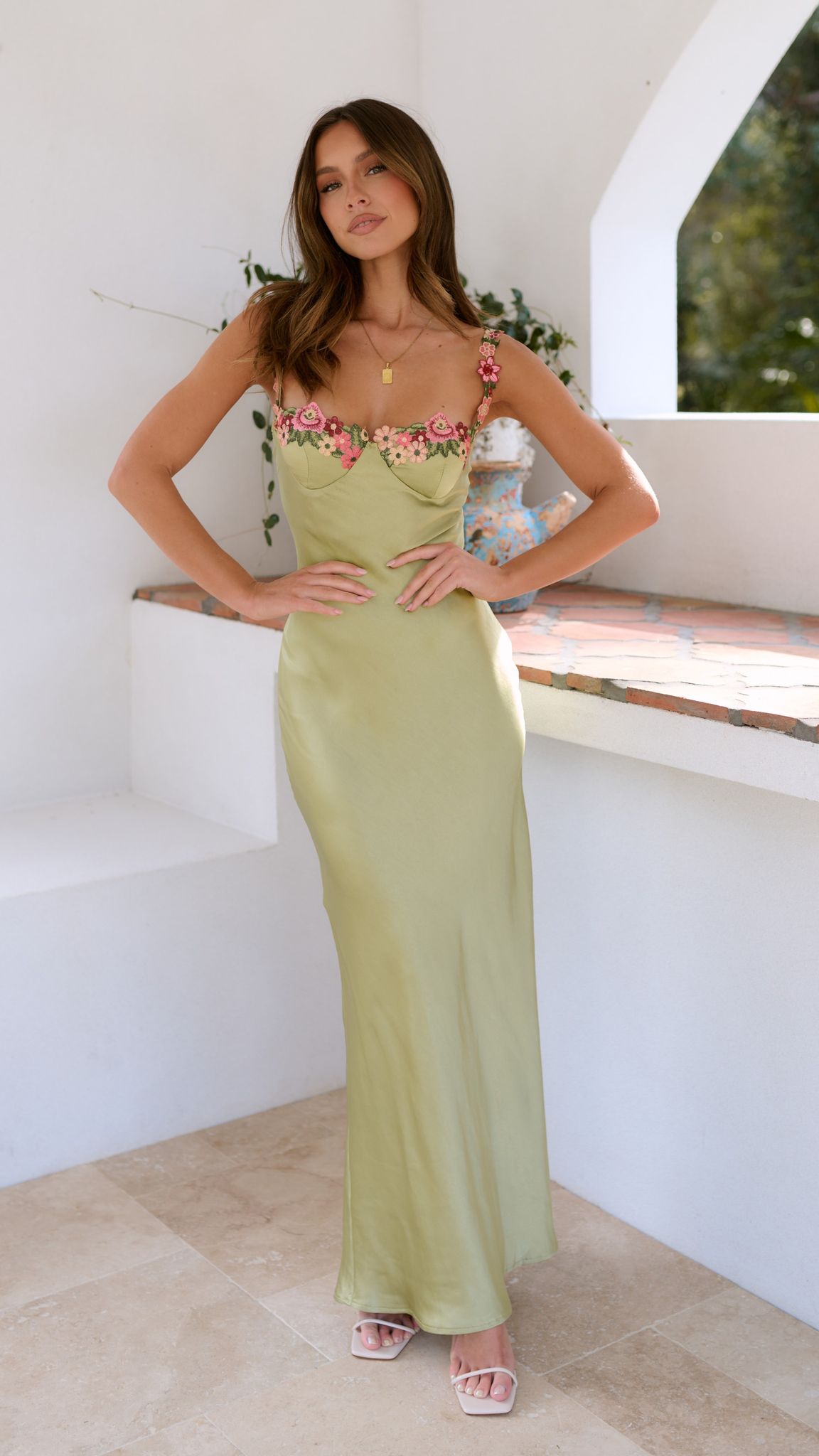 Women’s Satin Maxi Dress Embroidered Floral Bodice Wedding Guest Gown