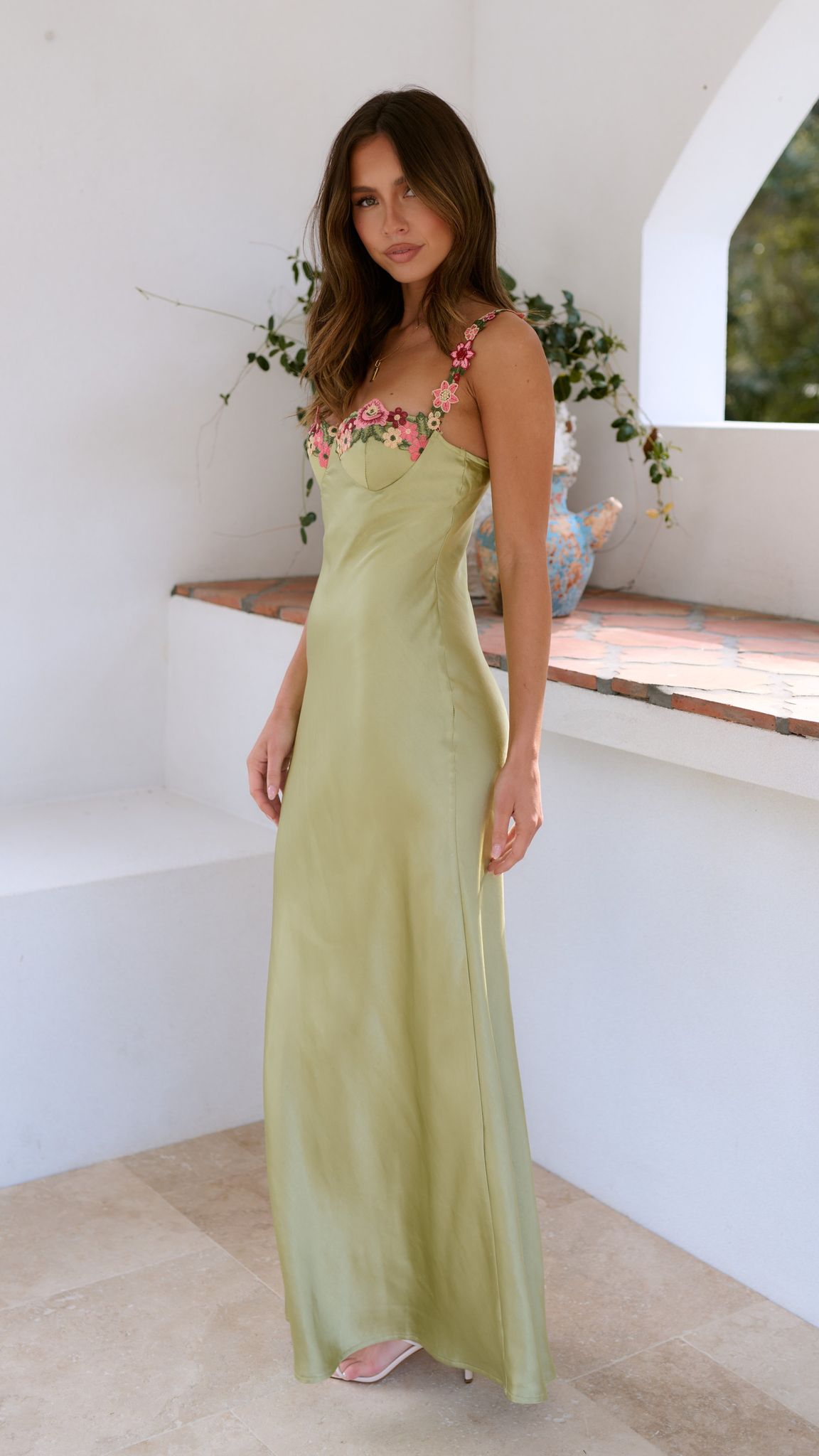 Women’s Satin Maxi Dress Embroidered Floral Bodice Wedding Guest Gown