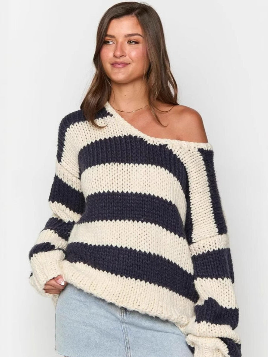 Ceylan Women’s Chunky Knit Sweater Off Shoulder Striped Pullover