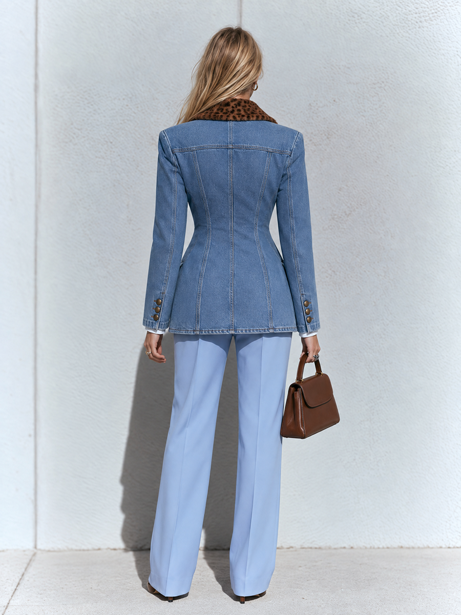 Women's Denim Blazer Leopard Faux Fur Collar Gold Buttons Fitted Jacket