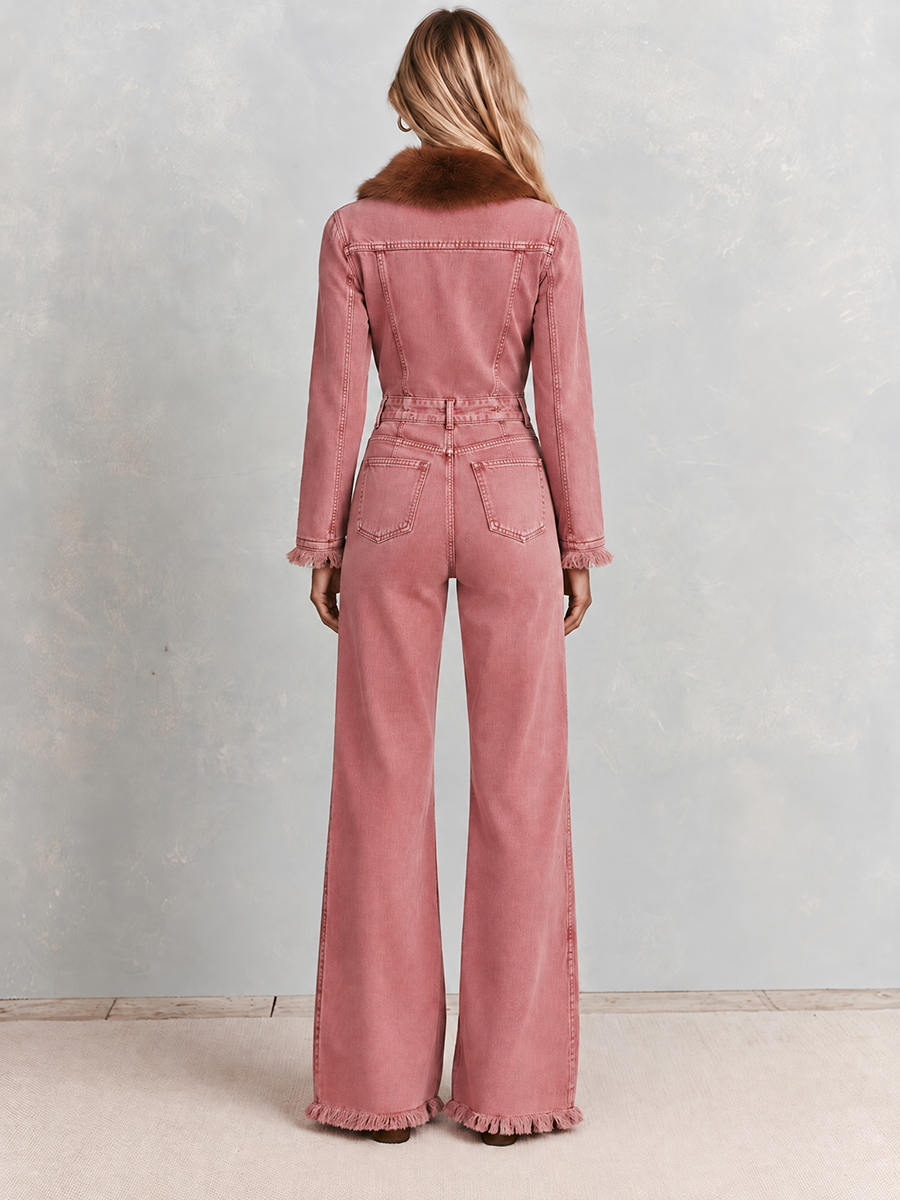 Women's Pink Denim Jumpsuit Faux Fur Collar Wide Leg Frayed Cuffs