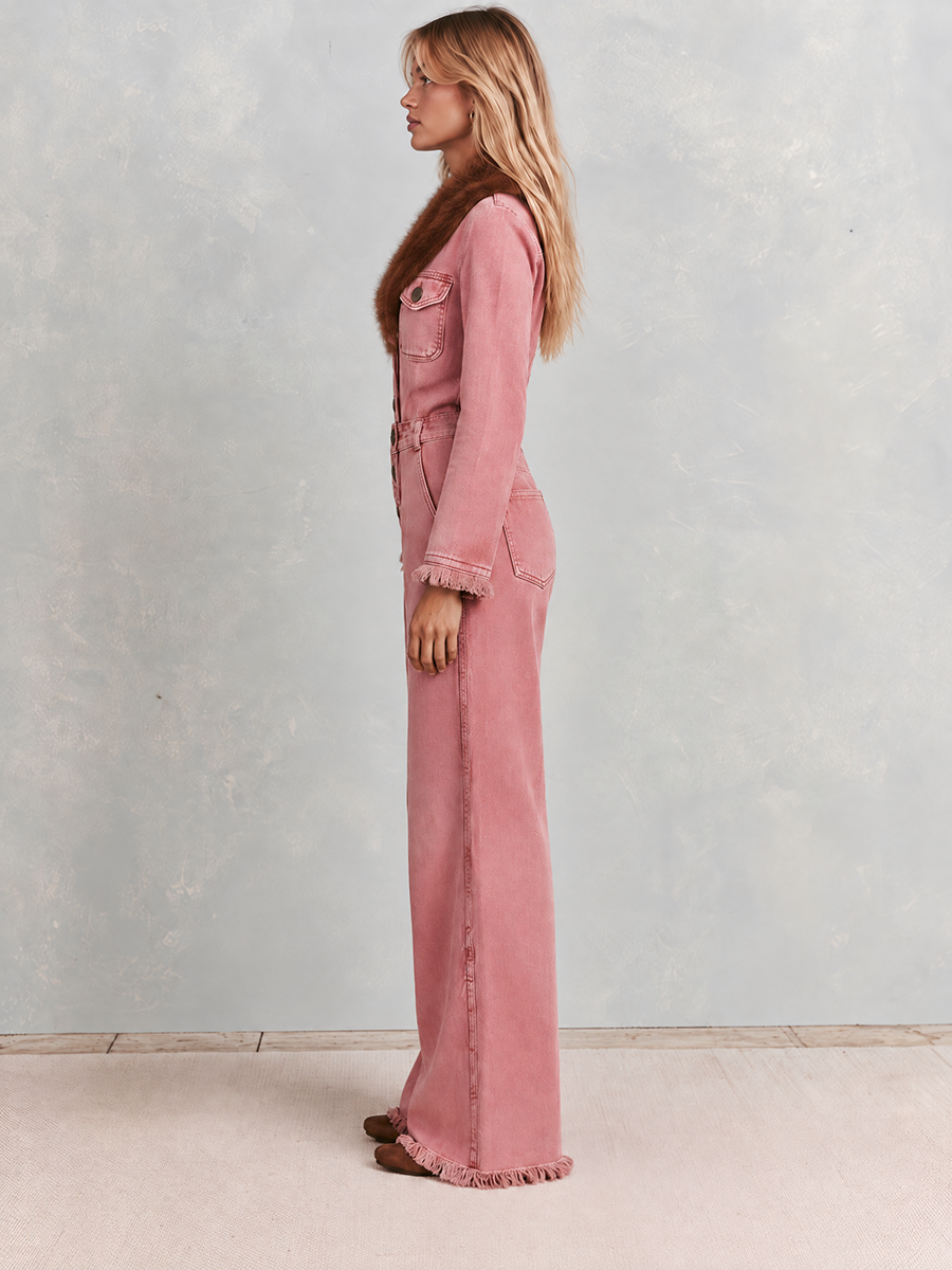 Women's Pink Denim Jumpsuit Faux Fur Collar Wide Leg Frayed Cuffs