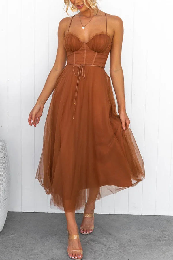 Women’s Tulle Bustier Midi Dress with Corset Bodice and Ruched Cups