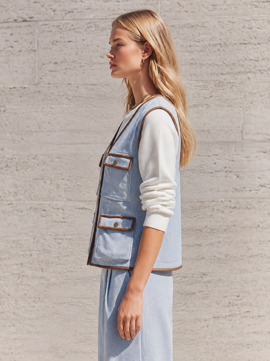 Women's Light Wash Denim Vest V Neck Faux Leather Trim Pockets