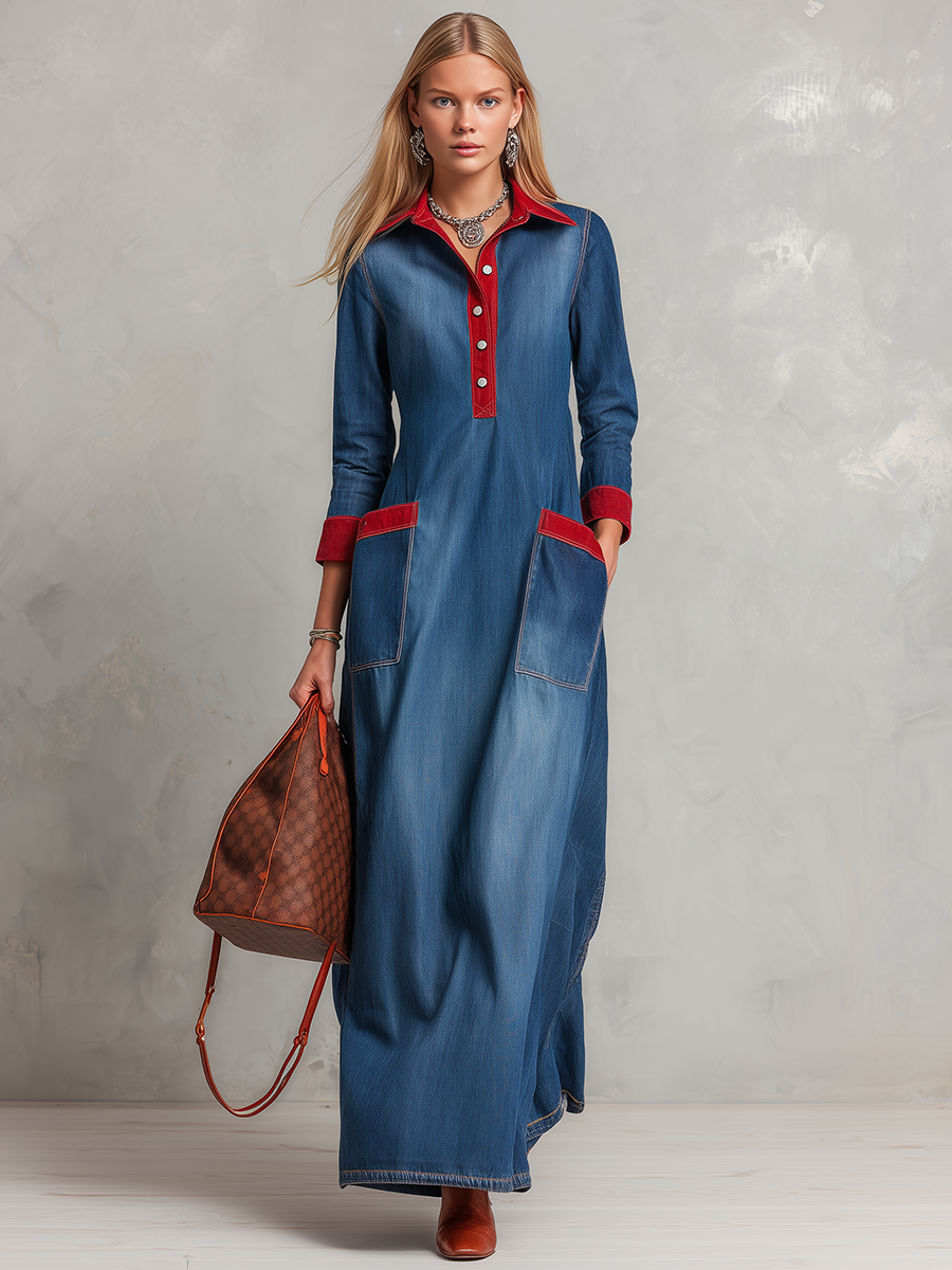 Women's Denim Maxi Shirt Dress Red Contrast Trim Pockets Long Sleeve