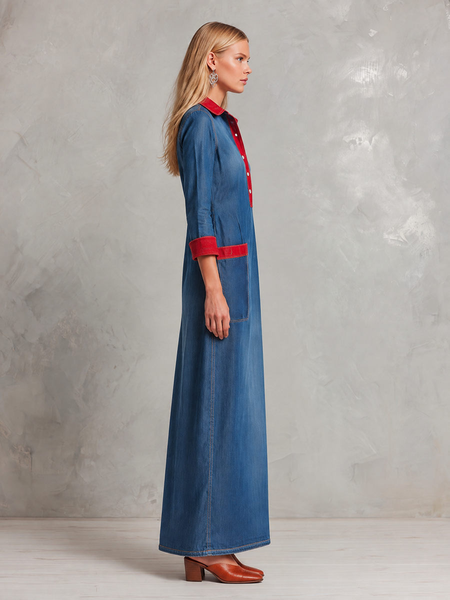 Women's Denim Maxi Shirt Dress Red Contrast Trim Pockets Long Sleeve