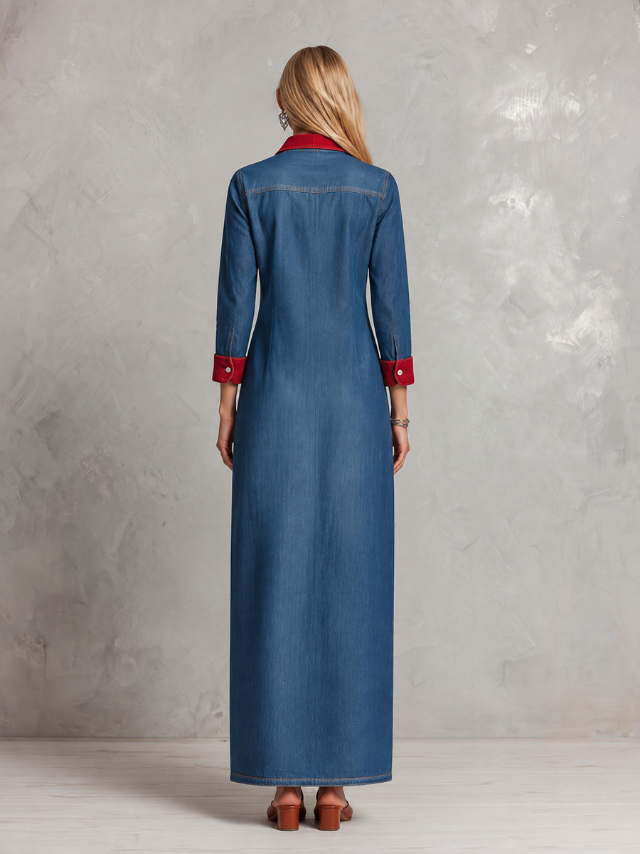 Women's Denim Maxi Shirt Dress Red Contrast Trim Pockets Long Sleeve