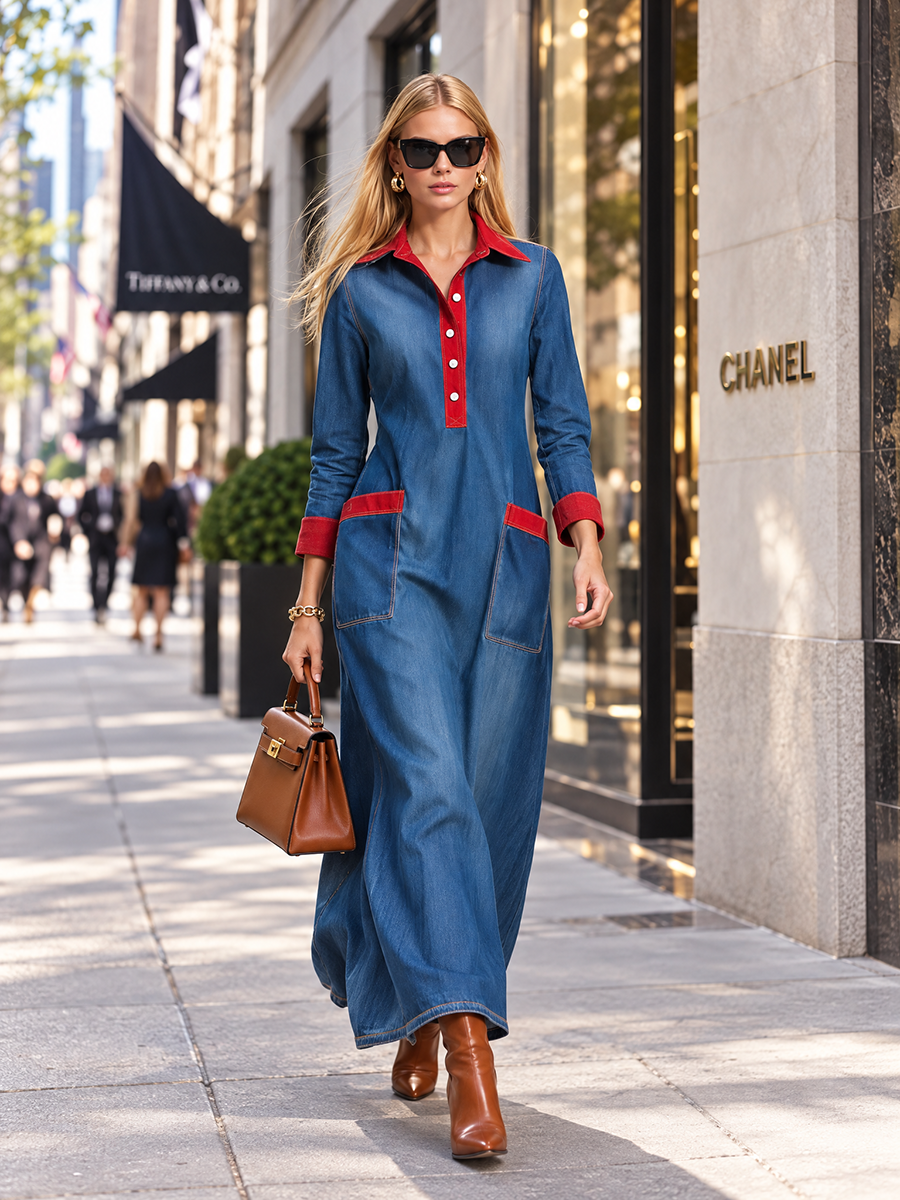 Women's Denim Maxi Shirt Dress Red Contrast Trim Pockets Long Sleeve
