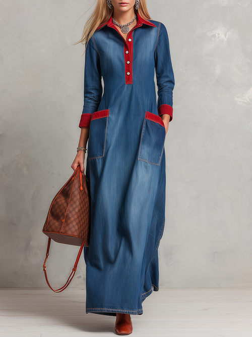 Women's Denim Maxi Shirt Dress Red Contrast Trim Pockets Long Sleeve