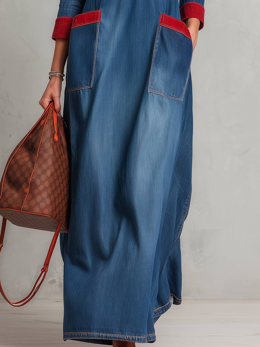 Women's Denim Maxi Shirt Dress Red Contrast Trim Pockets Long Sleeve