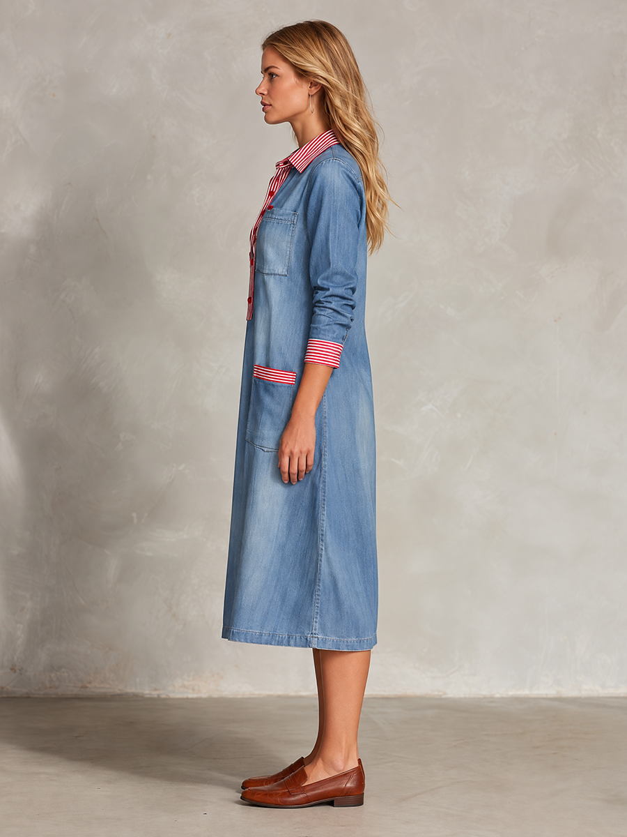 Women's Chambray Midi Shirt Dress Striped Trim Patch Pockets High Low