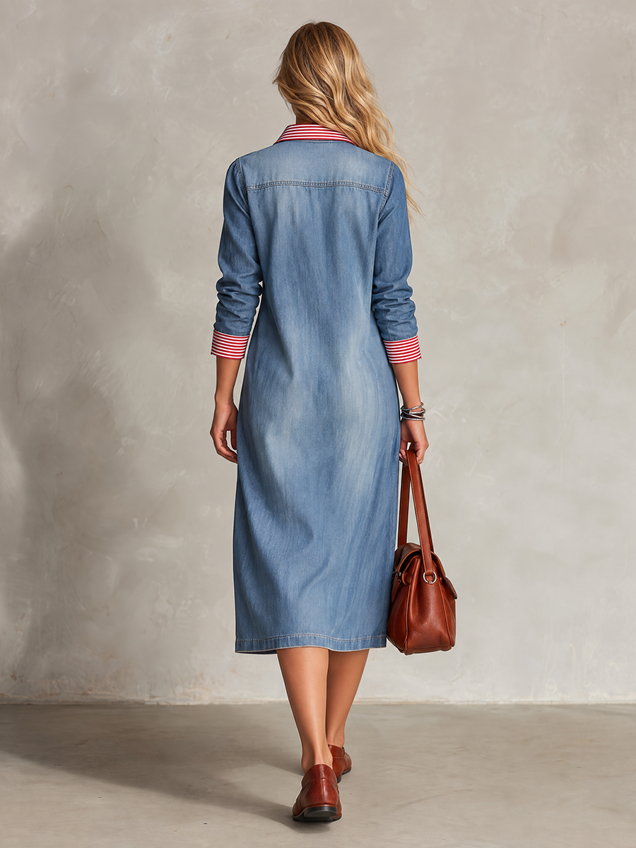 Women's Chambray Midi Shirt Dress Striped Trim Patch Pockets High Low