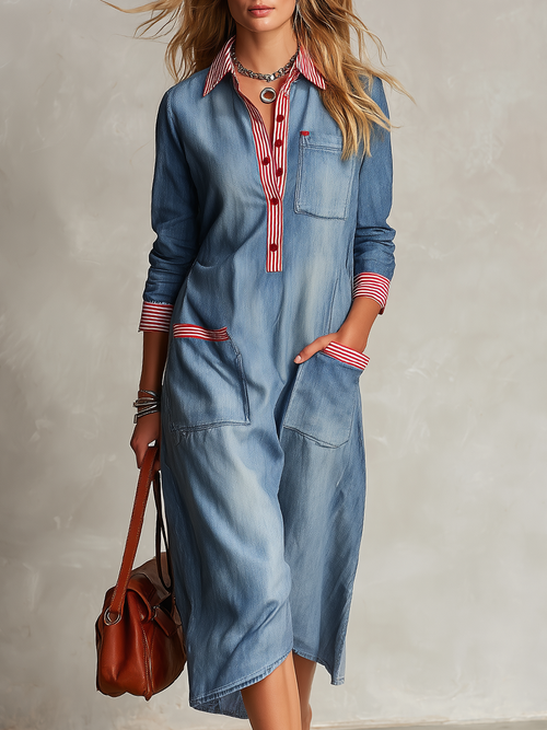 Women's Chambray Midi Shirt Dress Striped Trim Patch Pockets High Low