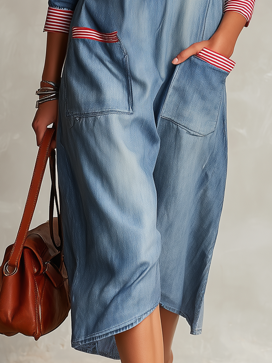 Women's Chambray Midi Shirt Dress Striped Trim Patch Pockets High Low