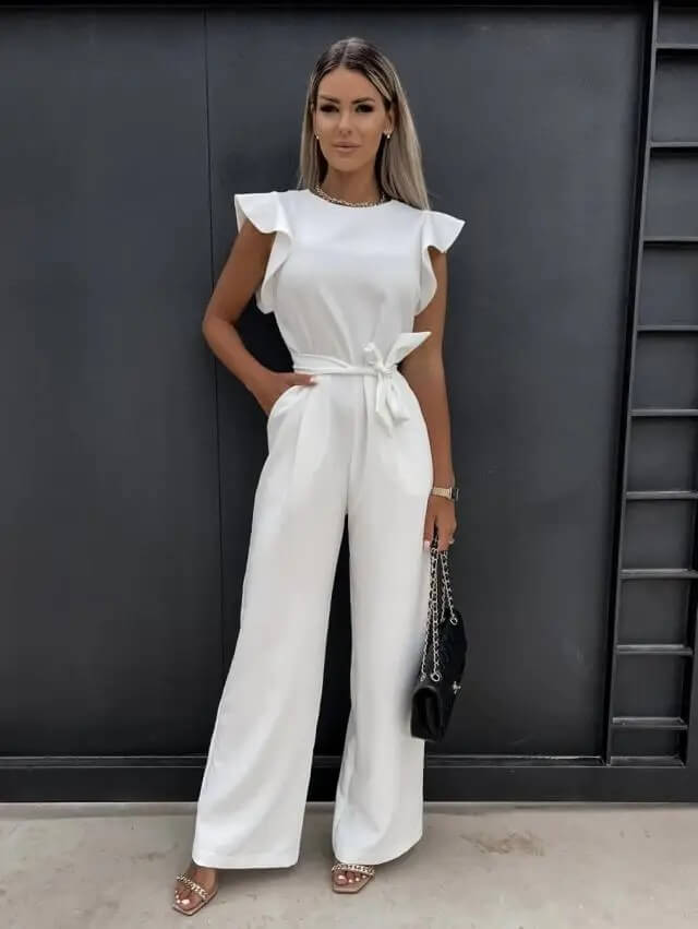 Women’s Wide Leg Jumpsuit with Ruffle Sleeves and Belted Waist