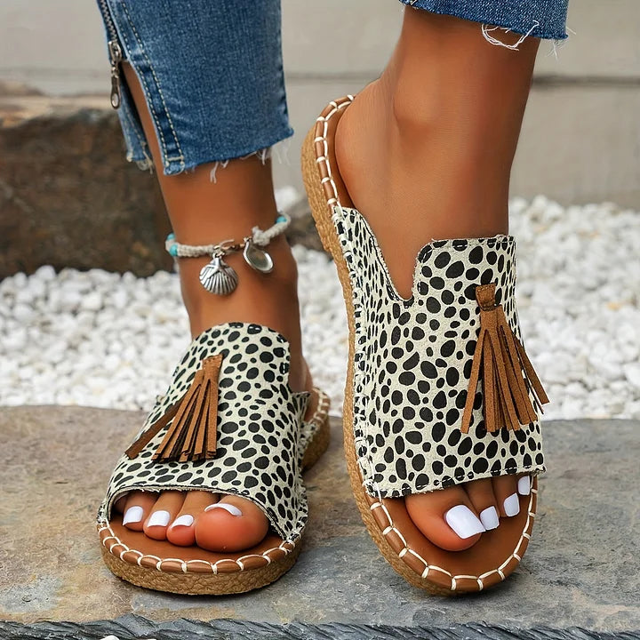 Women’s Flat Sandals with Vintage Tassel Detail and Woven Espadrille Sole