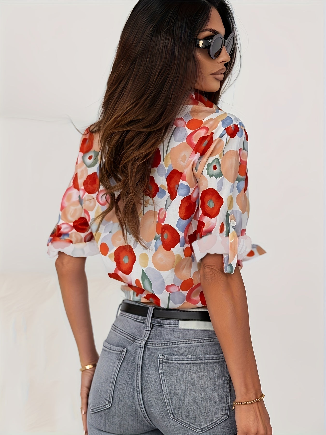 Women’s Button Down Blouse with Floral Print and Adjustable Roll-Tab Long Sleeves
