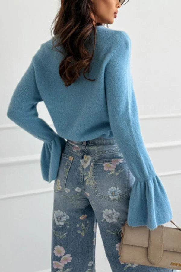 Women’s Crew Neck Sweater with Bell Sleeves and Relaxed Fit Soft Knit Texture
