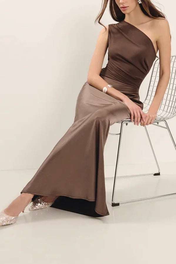 Women's One-Shoulder Asymmetric Draped Satin Maxi Dress Elegant Evening Gown