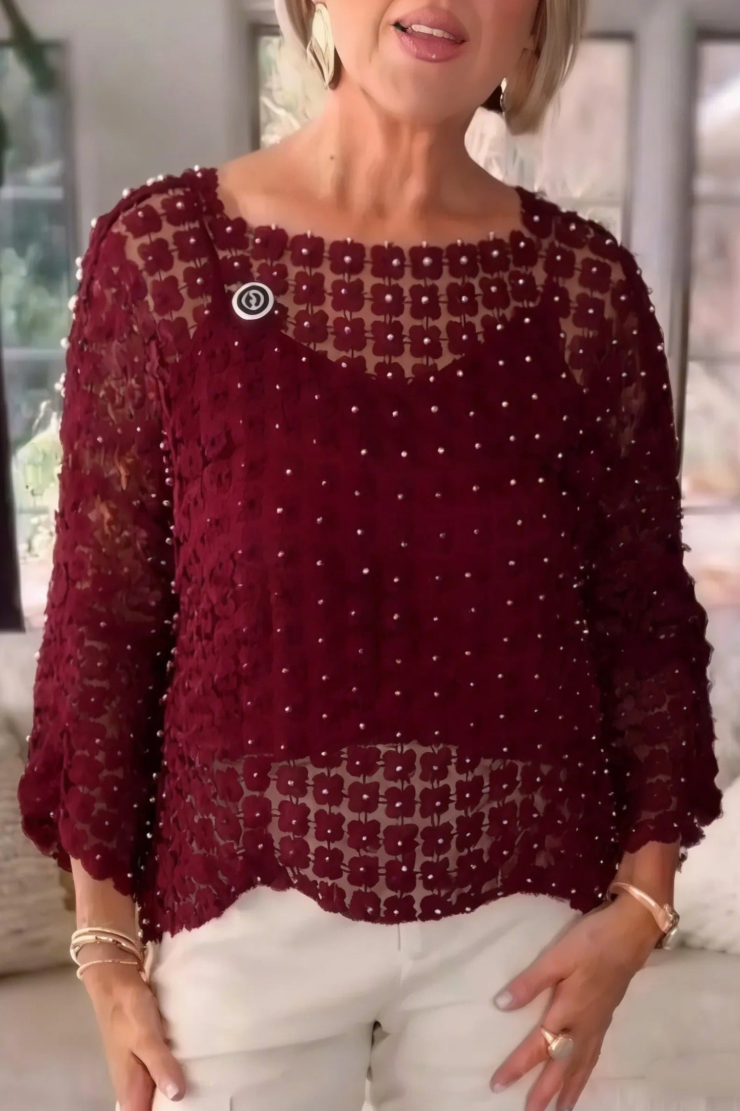 Ceylan Women’s Chiffon Blouse with Faux Pearl Beaded Detail