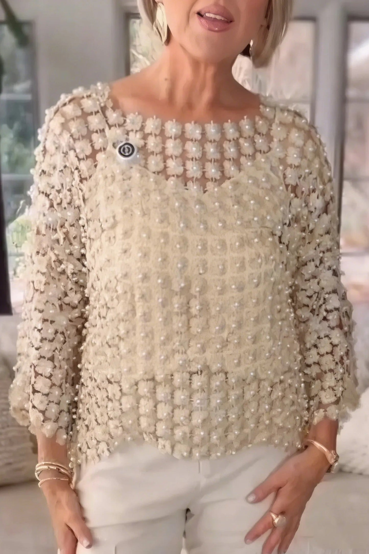 Ceylan Women’s Chiffon Blouse with Faux Pearl Beaded Detail