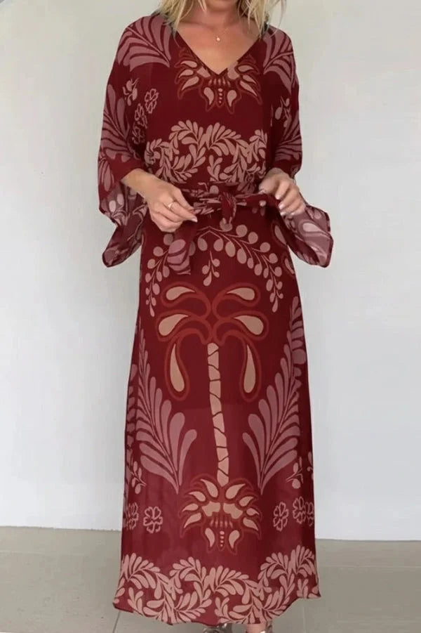 Women’s Chiffon Maxi Kaftan with Bohemian Palm Print and Adjustable Waist Belt