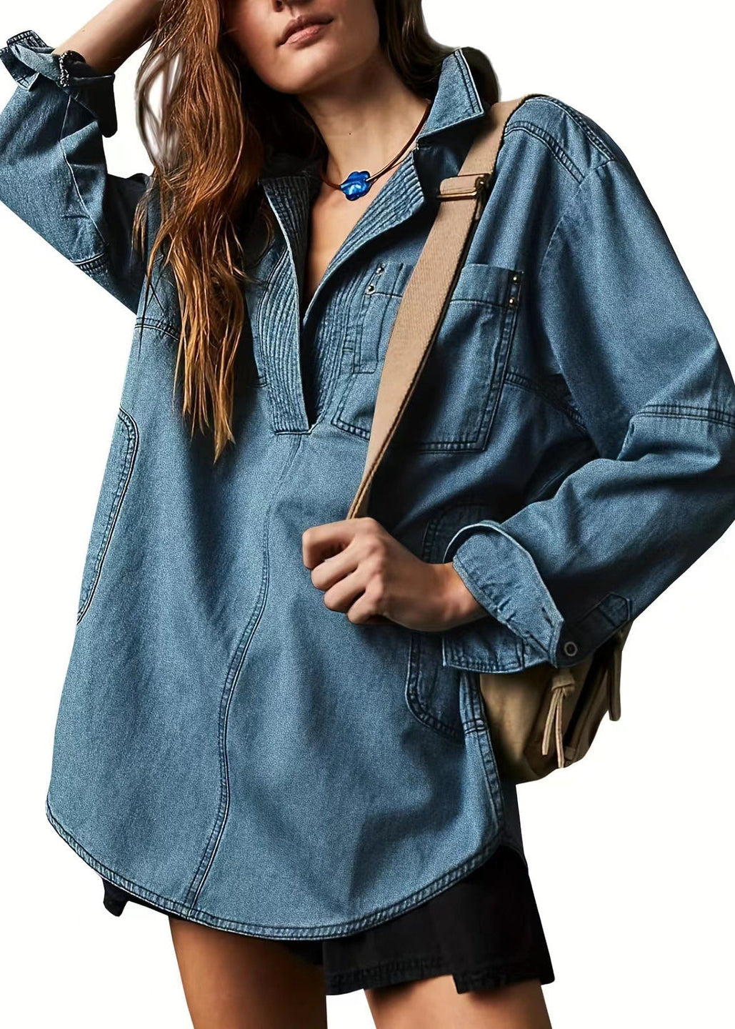 Ceylan Women’s Denim Pullover Blouse Pleated V-Neck Tunic