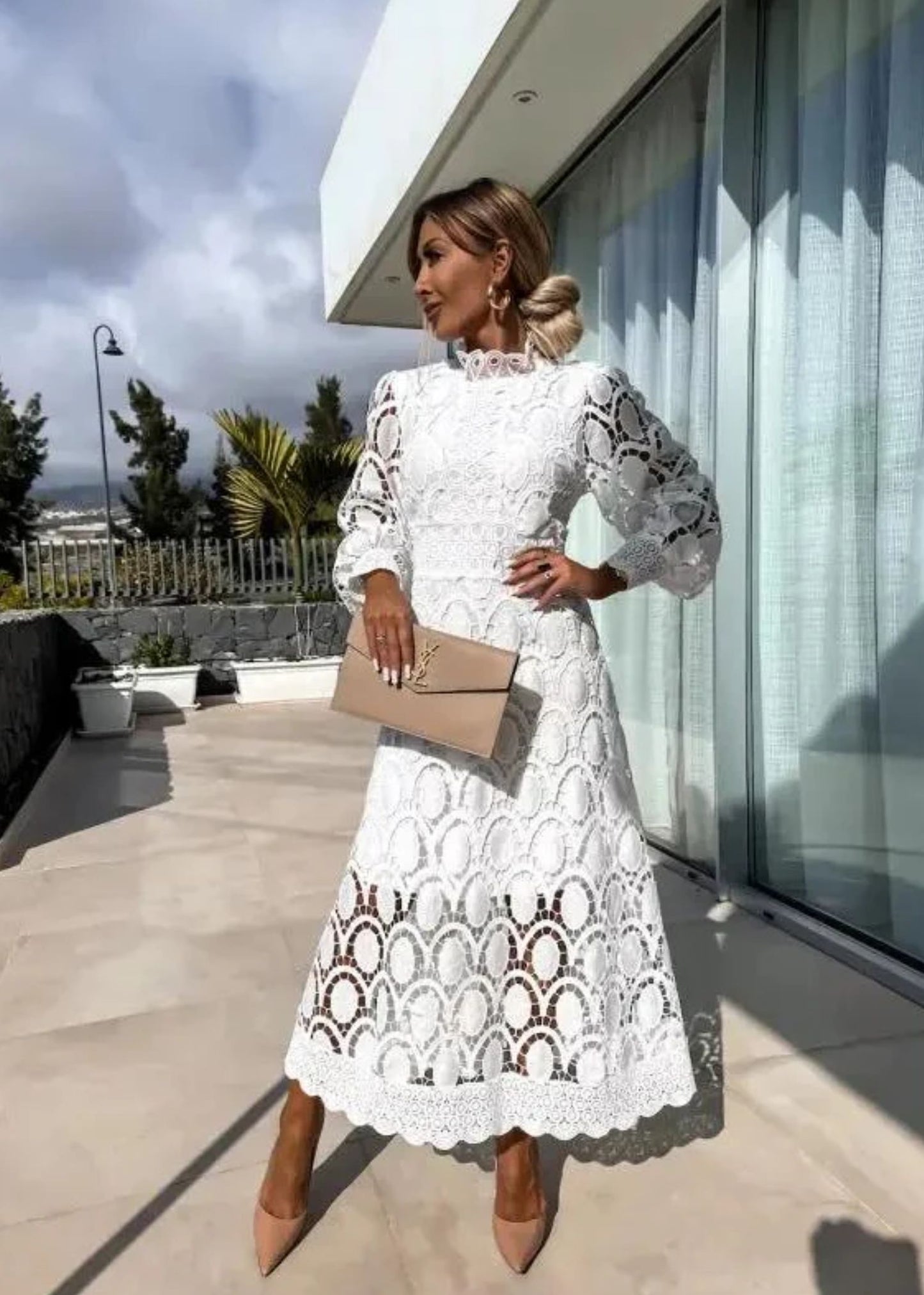Women's Guilted Lace Maxi Dress with High Neck and Puff Long Sleeves