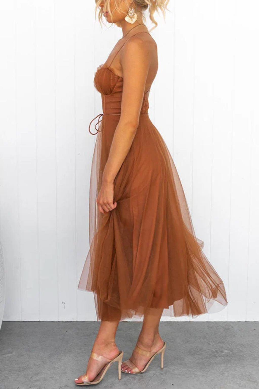 Women’s Midi Dress Corset Bodice Pleated Tulle Skirt