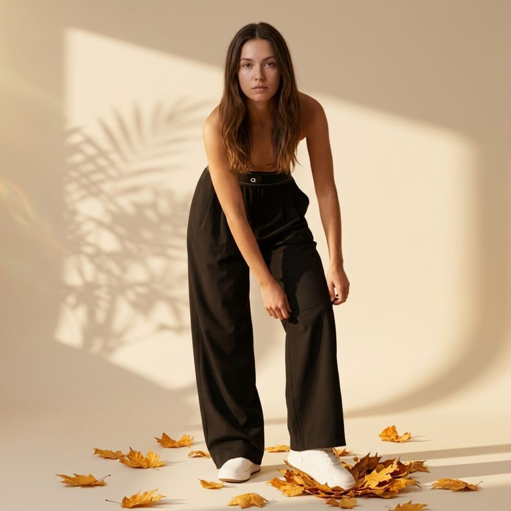 Women’s Wide Leg Trousers with Logo Elastic Waistband and Front Pleats