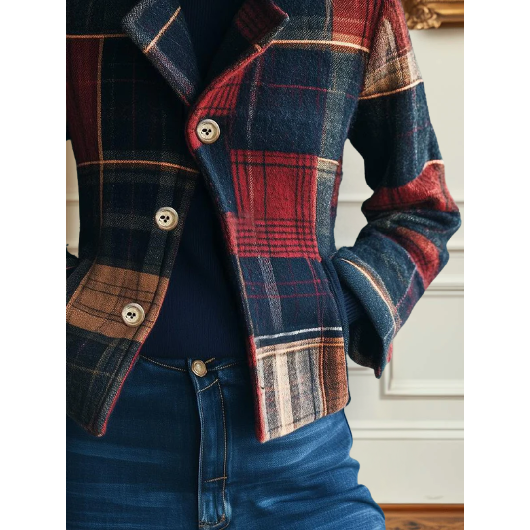 Women's Cropped Plaid Wool Coat With Statement Buttons