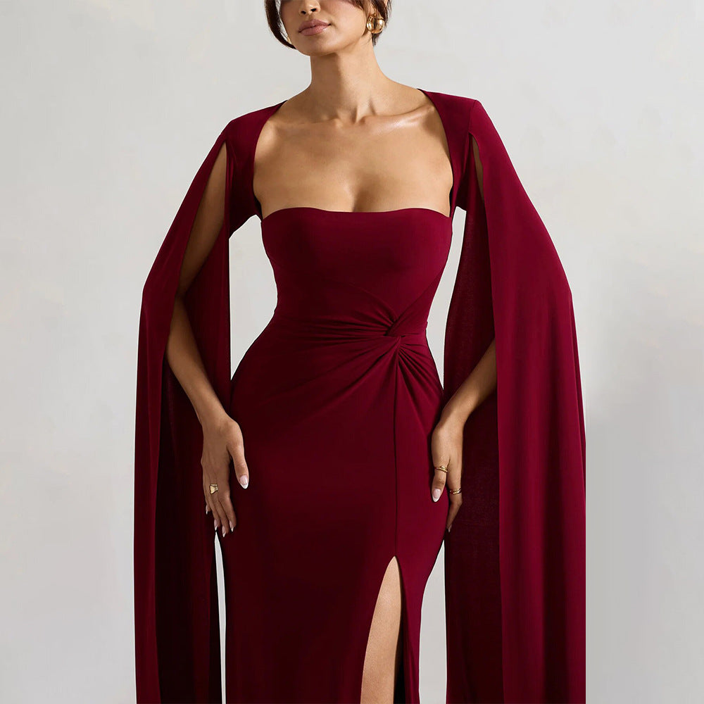 Women’s Square Neck Maxi Dress with Cape Sleeves and High Side Slit