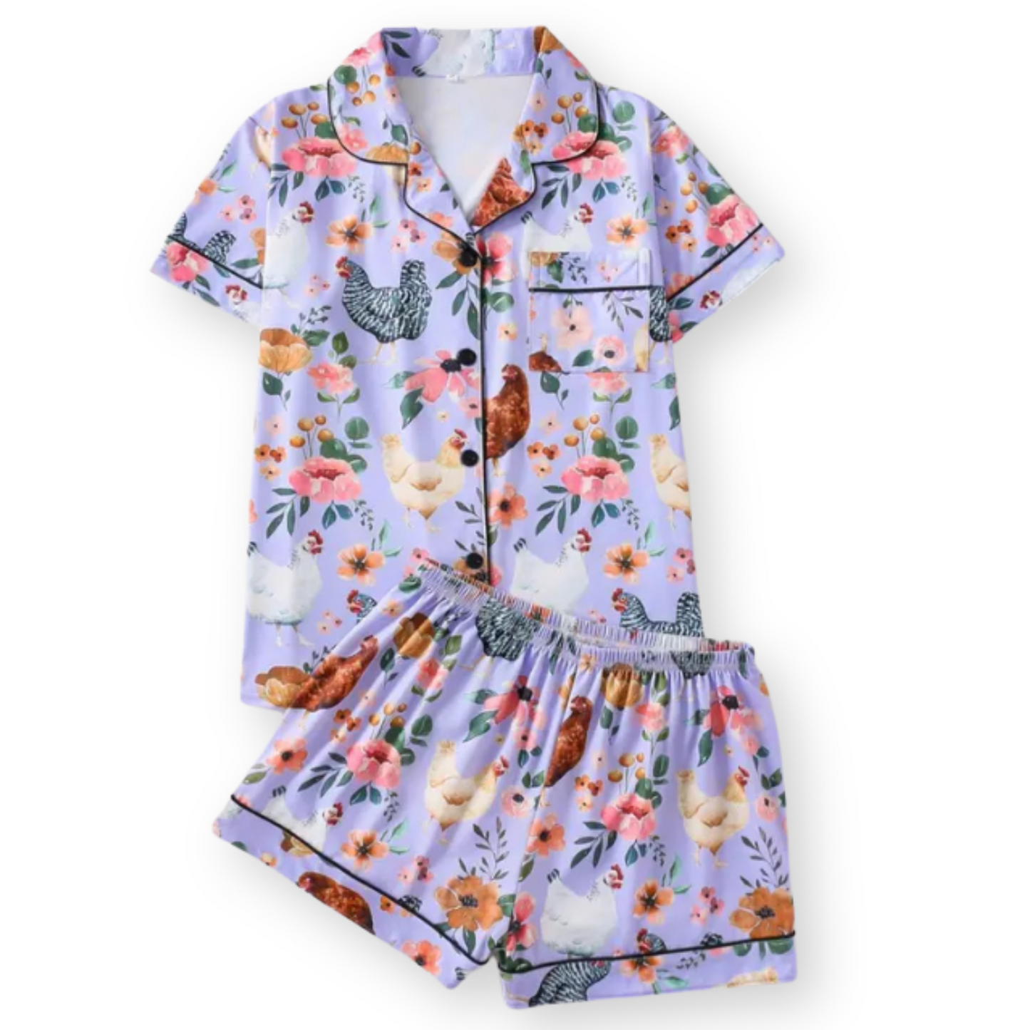 Ceylan Women's Pajama Set: Whimsical Floral Chicken Print