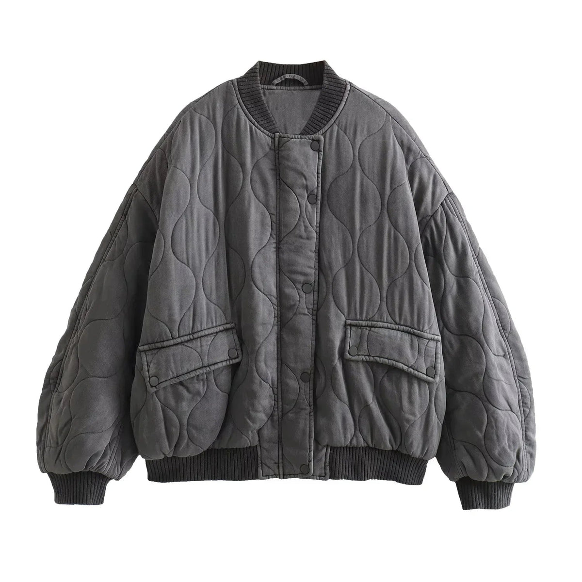 Women's Oversized Quilted Bomber Jacket with Ribbed Collar