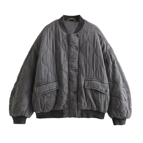 Women's Oversized Quilted Bomber Jacket with Ribbed Collar