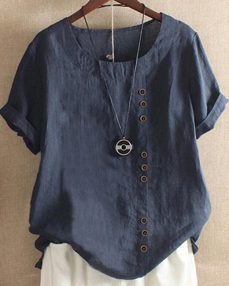 Women’s Casual Top with Crew Neckline and Asymmetric Button Front