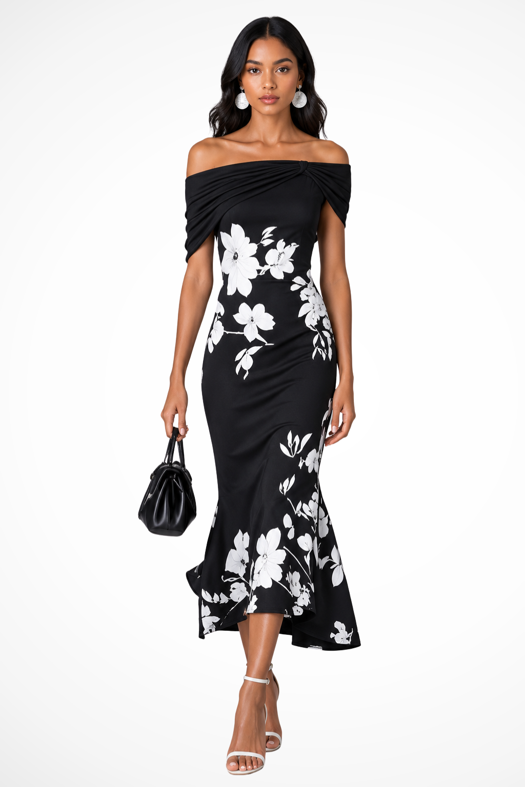 Women's Off Shoulder Floral Print Wedding Guest Midi Dress