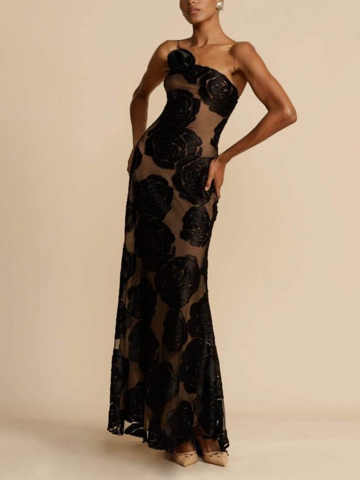 Women’s Maxi Dress One-Shoulder 3D Floral Appliqué Wedding Guest Gown