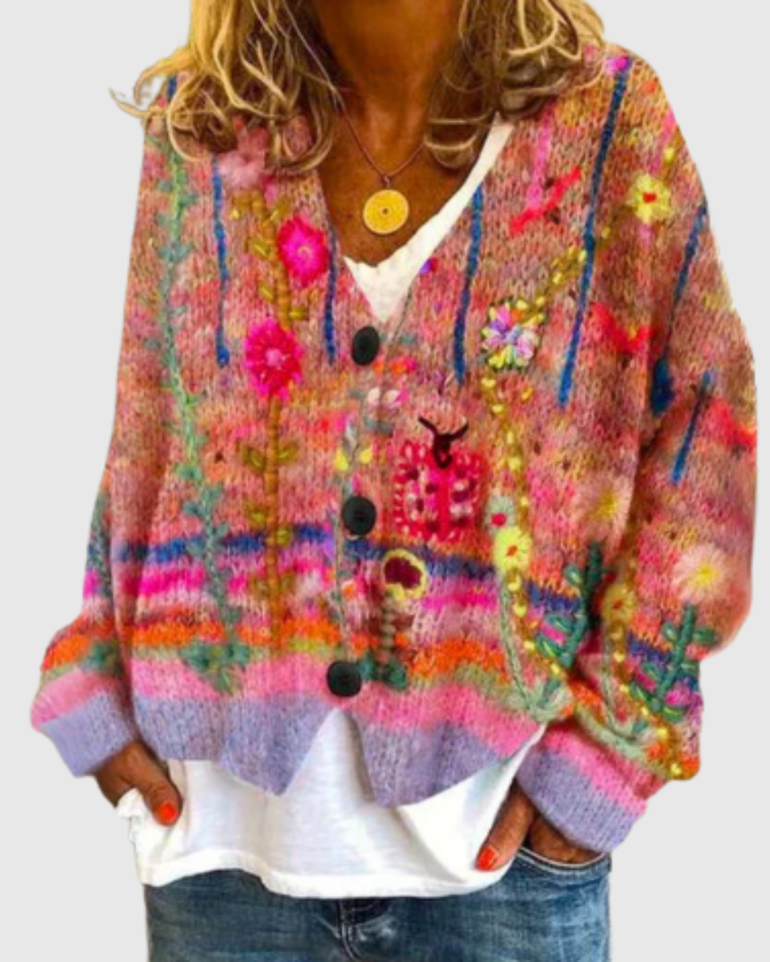 Ceylan Women's Floral Embroidered Chunky Knit Cardigan