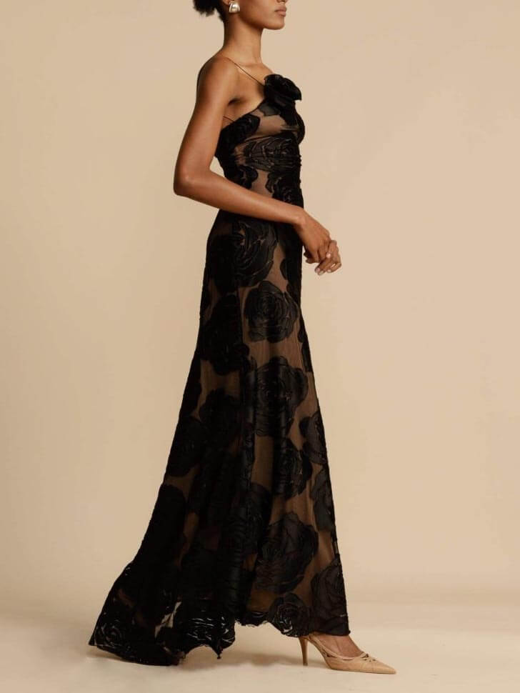 Women’s Maxi Dress One-Shoulder 3D Floral Appliqué Wedding Guest Gown