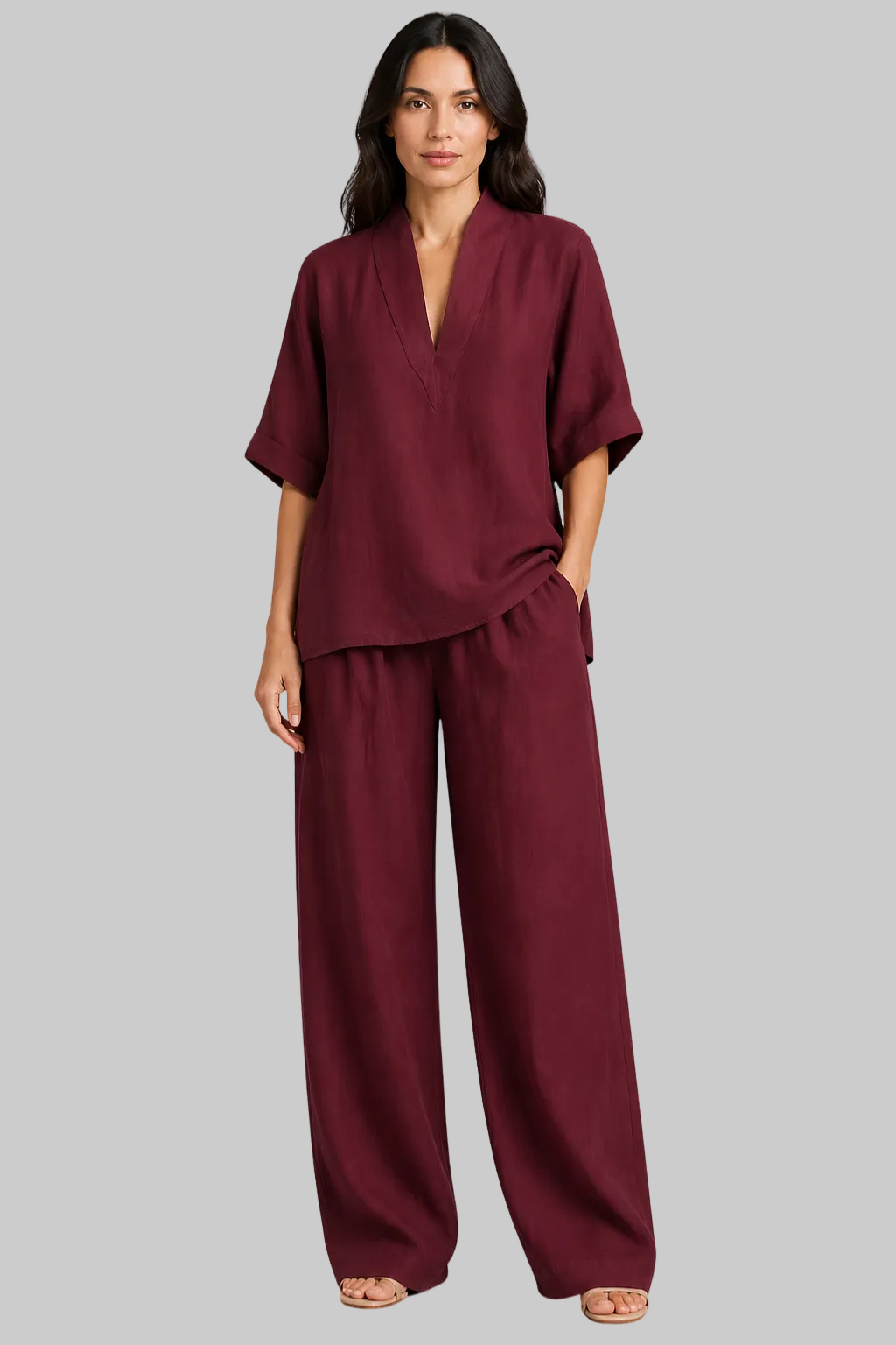Women’s Linen Co-Ord Set with V-Neck Tunic Top and Wide Leg Trousers