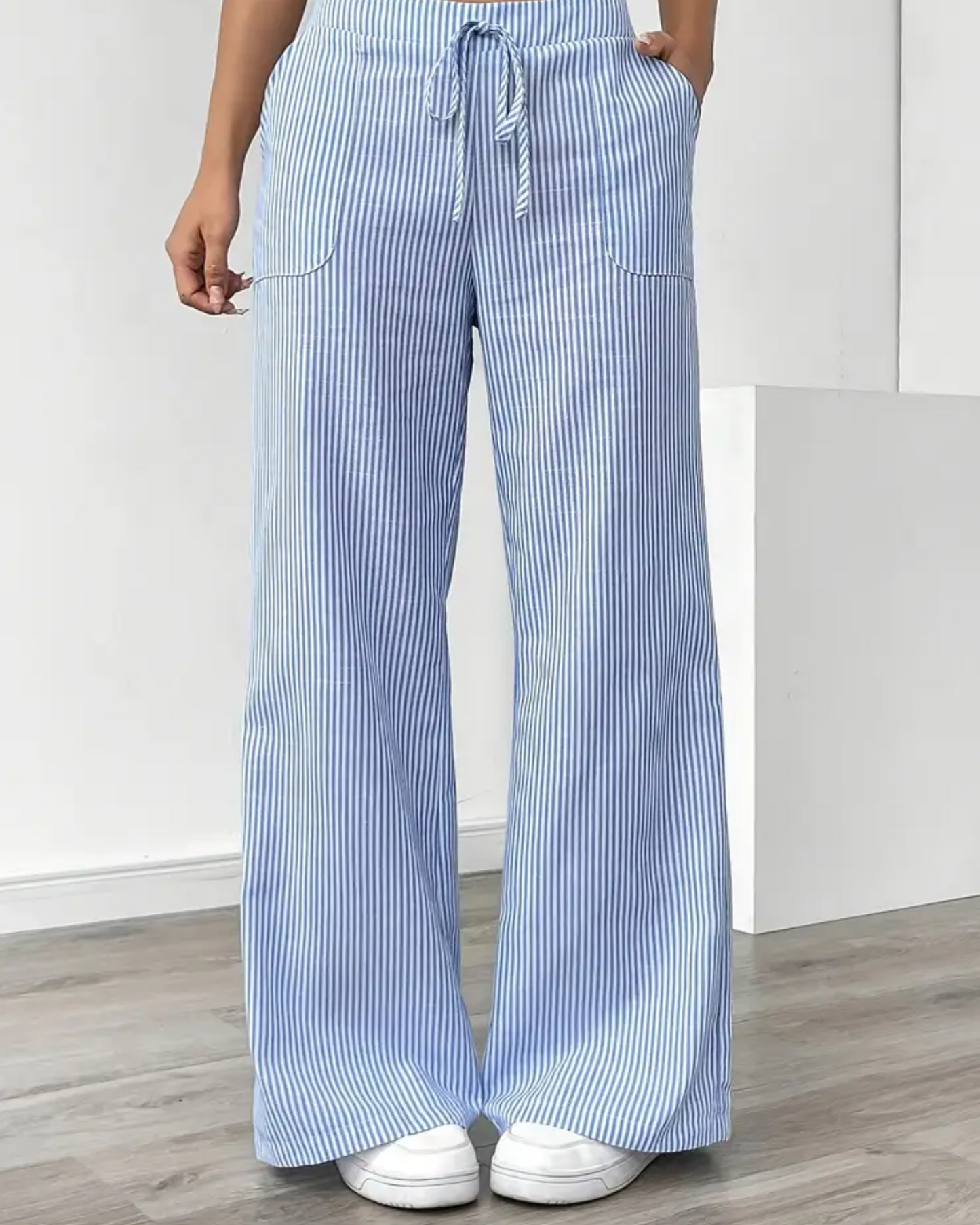 Women’s Linen Striped Pants with Drawstring Waist and Pockets