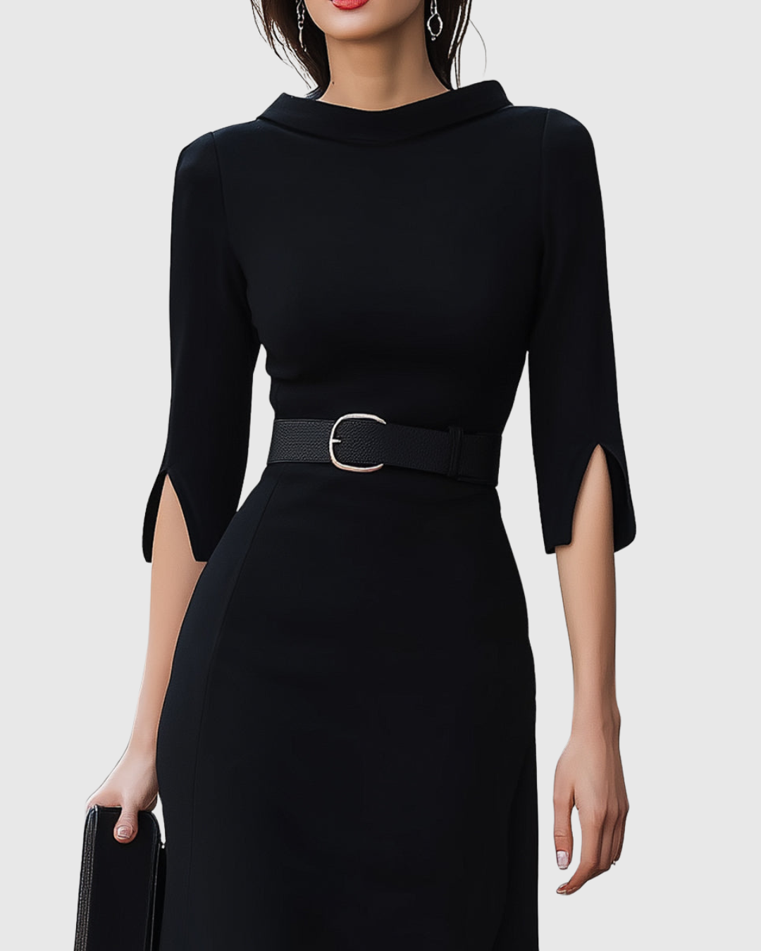 Women’s Midi Sheath Dress with Mock Neck and Split Cuff Sleeves