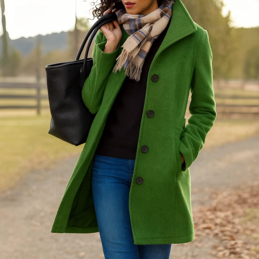 Women's Long Button-Front Winter Coat with Notch Collar