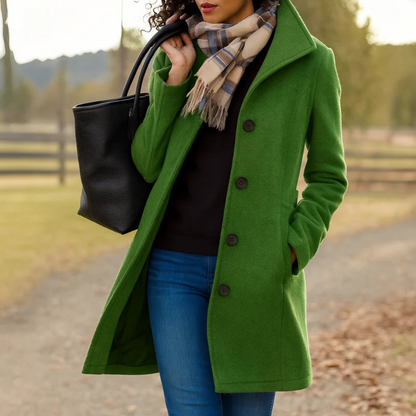 Women's Long Button-Front Winter Coat with Notch Collar