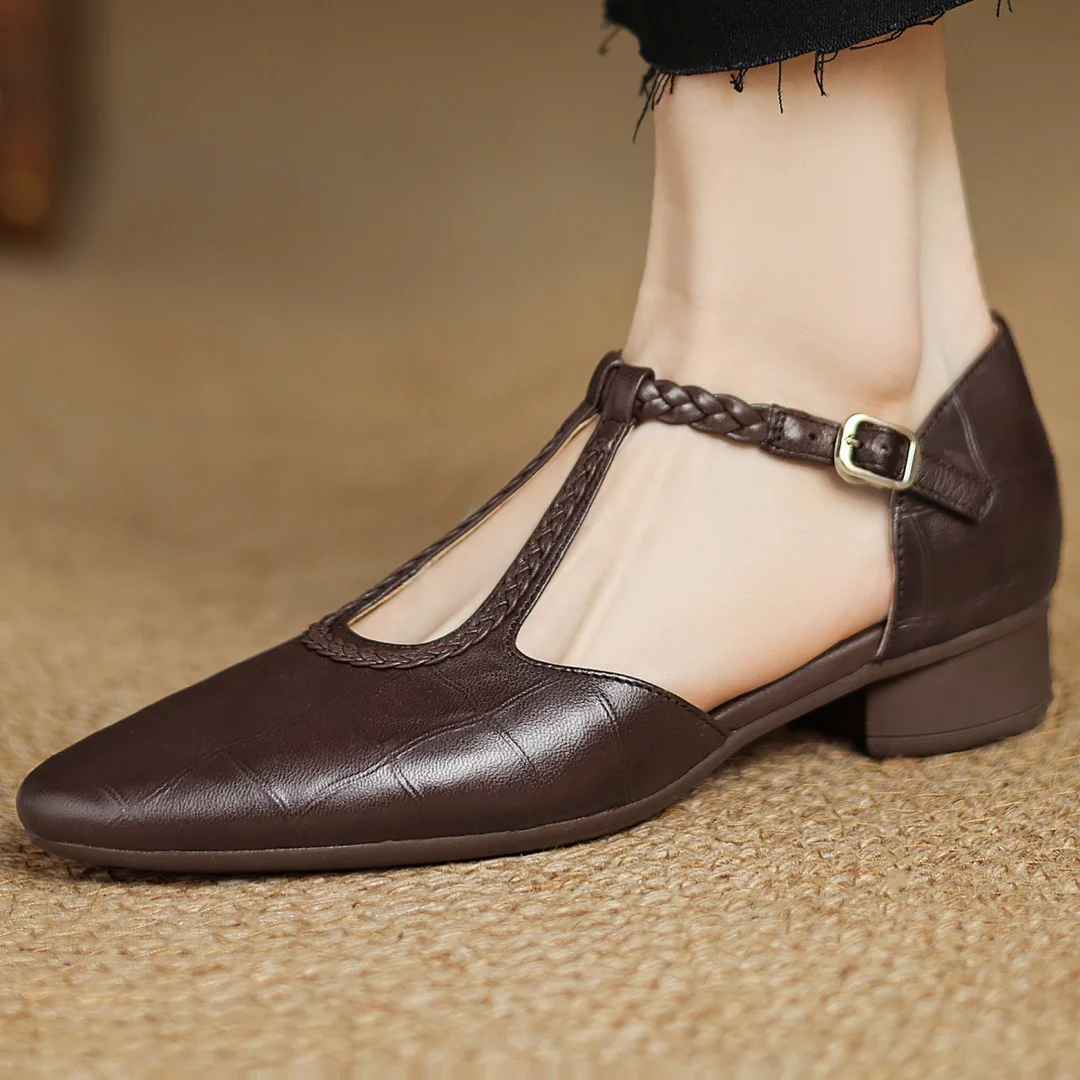 Women’s Mary Jane Flats with Pointed Toe and Braided T-Strap