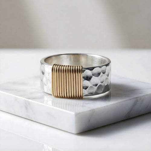 Women’s Hand-Hammered Sterling Silver Band with Gold-Fill Wire Wrap