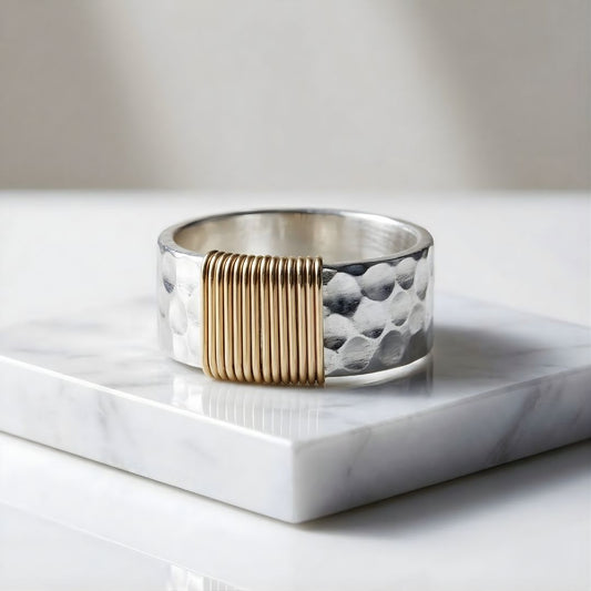 Women’s Hand-Hammered Sterling Silver Band with Gold-Fill Wire Wrap