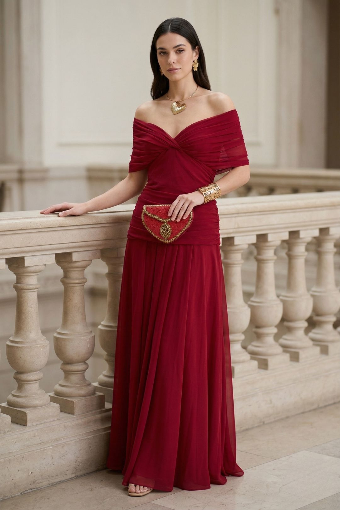 Women's Off-The-Shoulder Ruched Floral Maxi Dress with Sweetheart Neckline