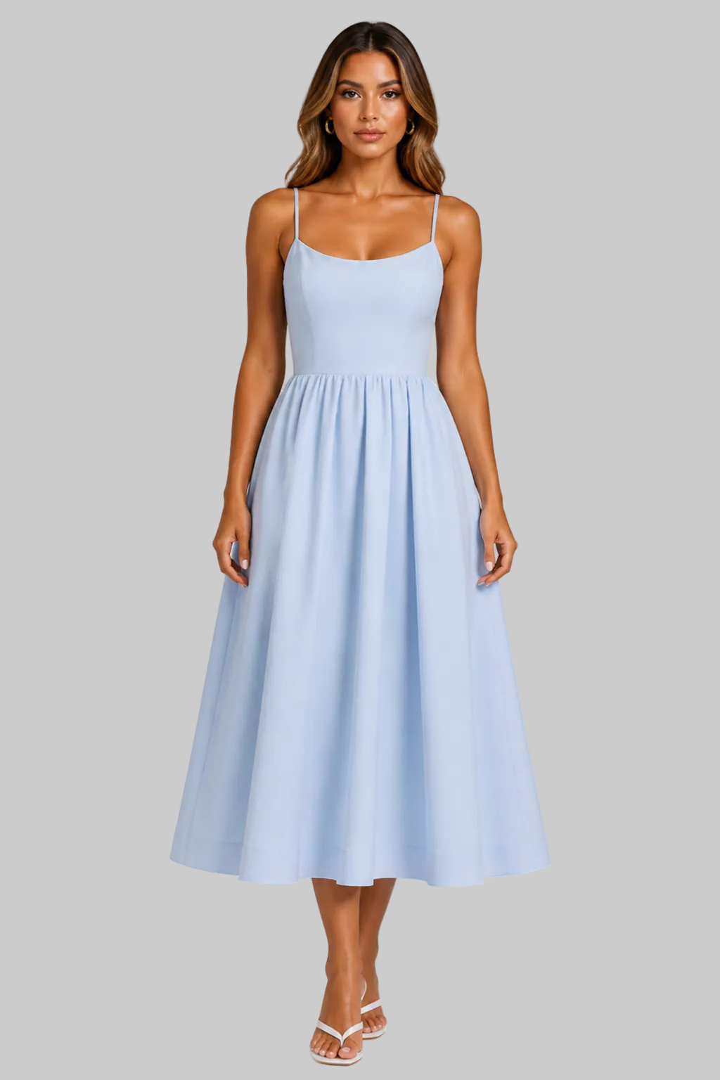Women’s Midi Dress with Square Neckline and Flared Skirt